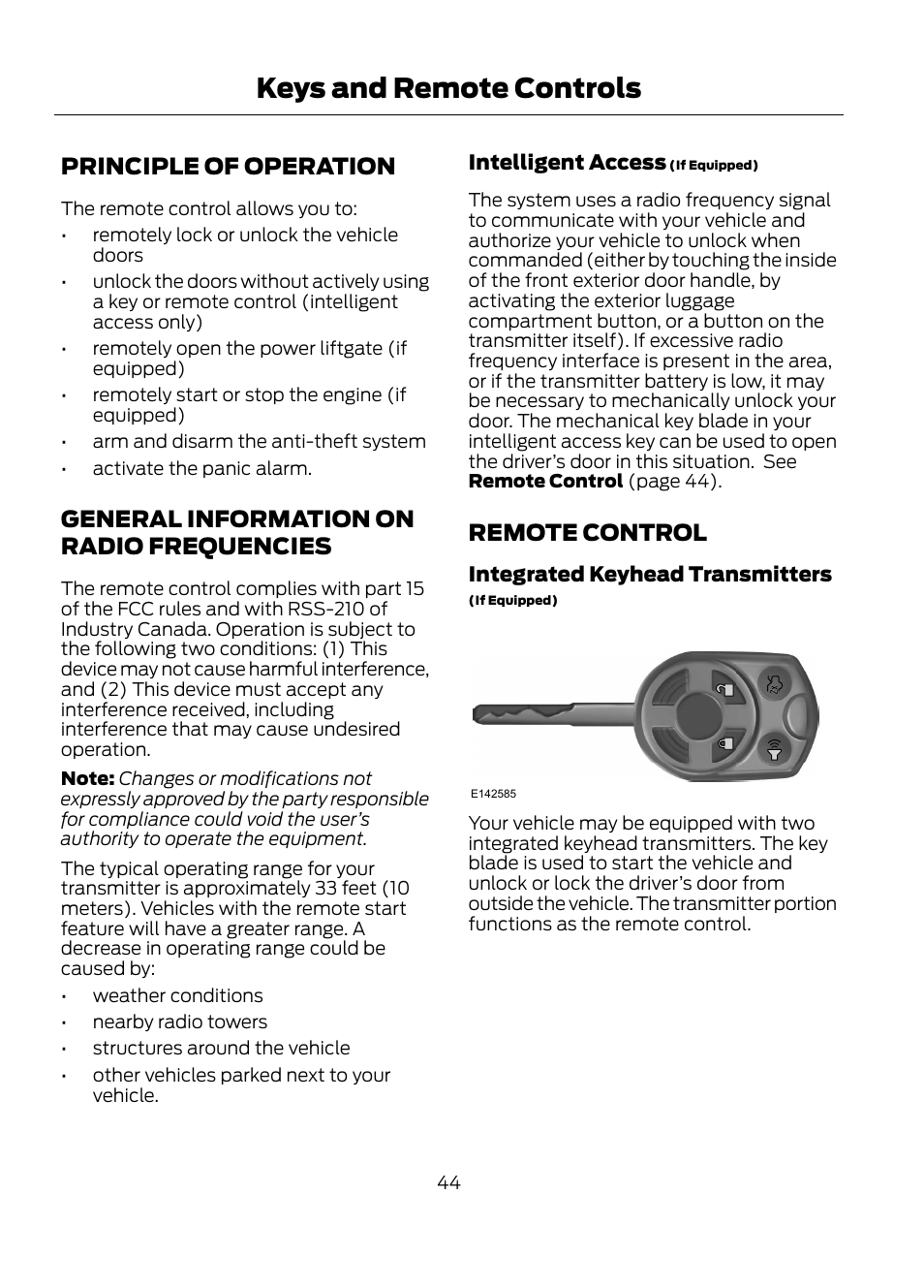 Keys and remote controls, Frequencies, Remote control | Principle of operation, General information on radio frequencies | FORD 2013 Escape v.1 User Manual | Page 44 / 423