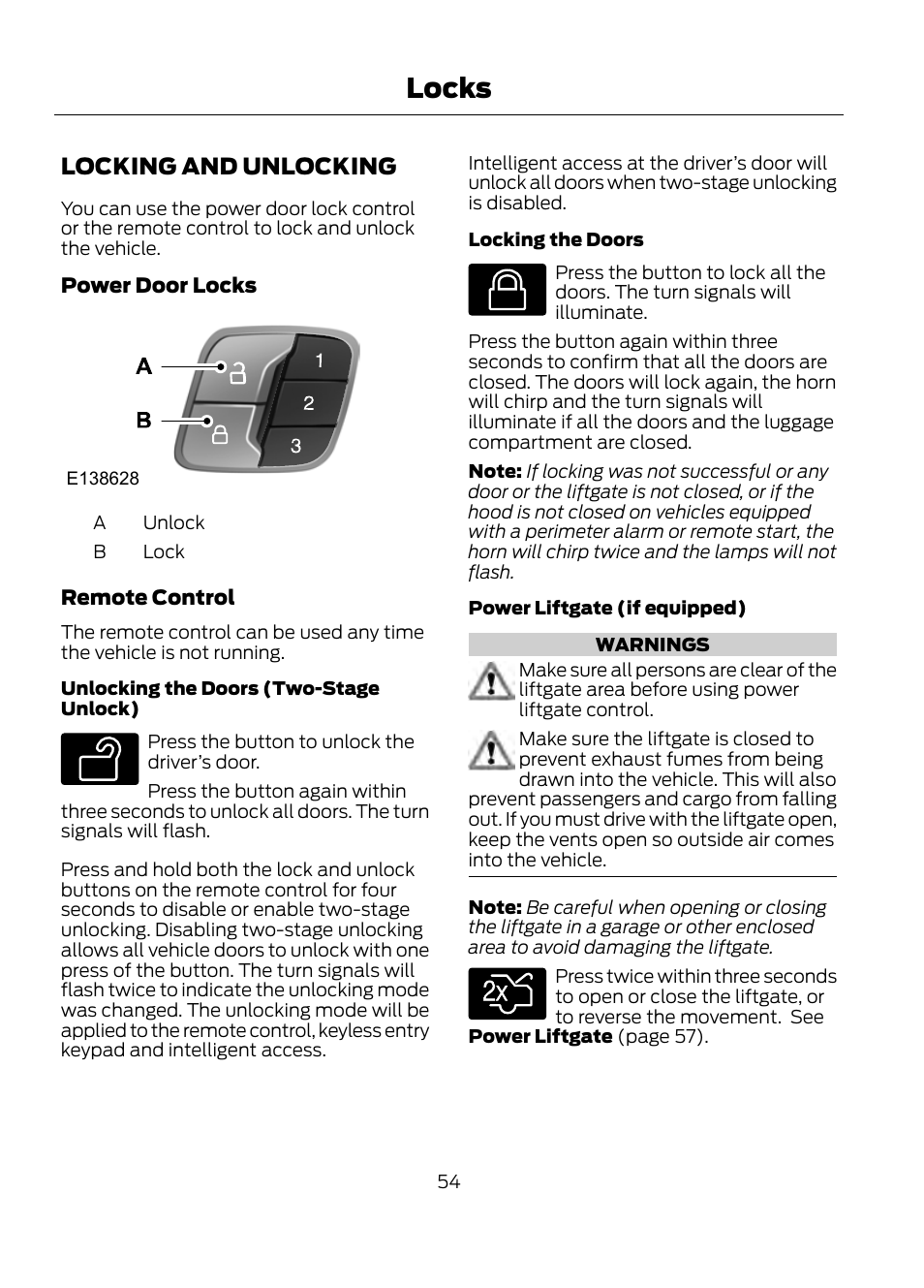 Locks, Locking and unlocking | FORD 2013 Escape v.1 User Manual | Page 54 / 423