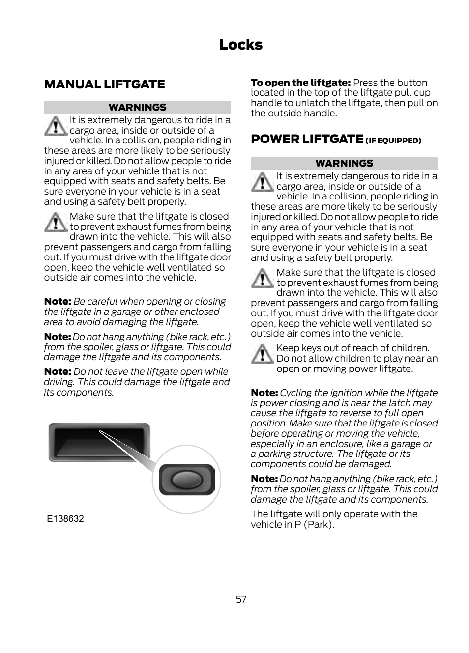 Manual liftgate power liftgate, Locks, Manual liftgate | Power liftgate | FORD 2013 Escape v.1 User Manual | Page 57 / 423