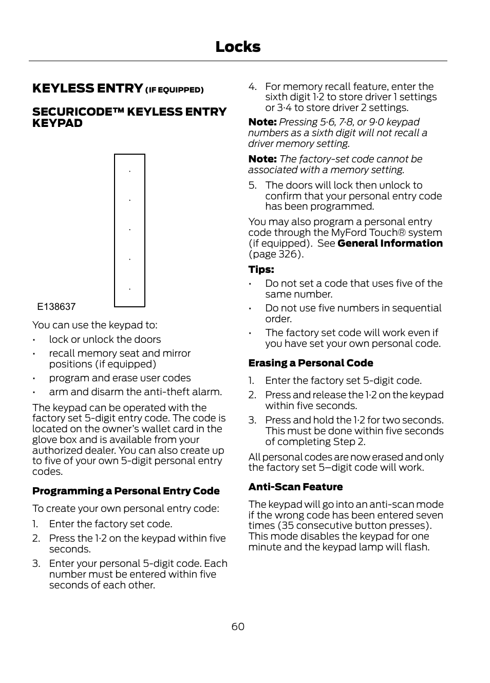 Keyless entry, Locks | FORD 2013 Escape v.1 User Manual | Page 60 / 423