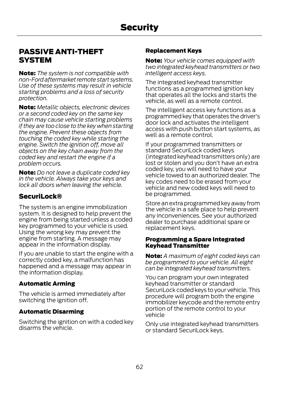 Security, Passive anti-theft system | FORD 2013 Escape v.1 User Manual | Page 62 / 423