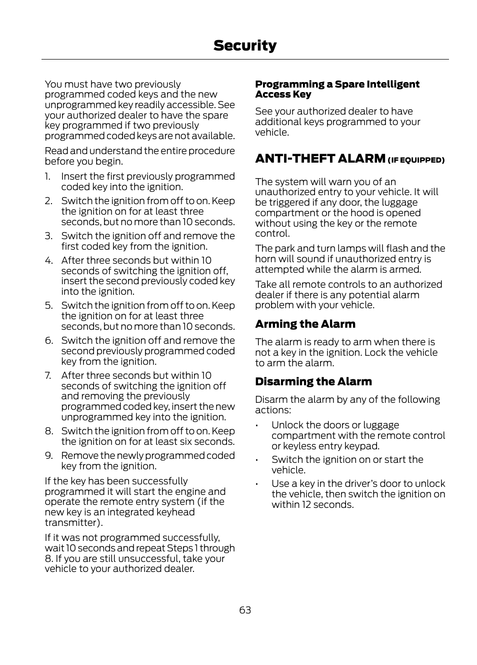 Anti-theft alarm, Security | FORD 2013 Escape v.1 User Manual | Page 63 / 423