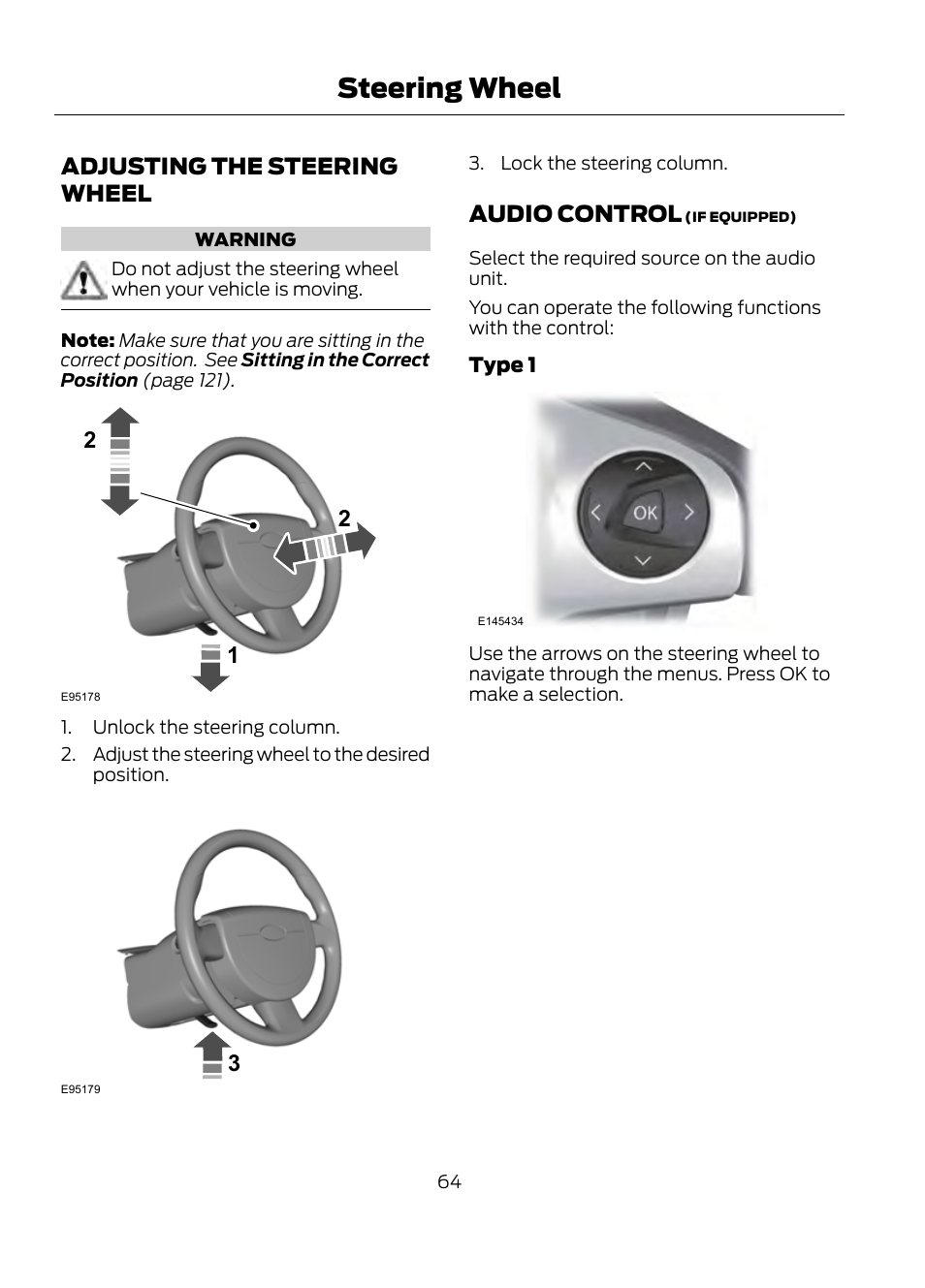 Steering wheel, Adjusting the steering wheel audio control, Adjusting the steering wheel | Audio control | FORD 2013 Escape v.1 User Manual | Page 64 / 423