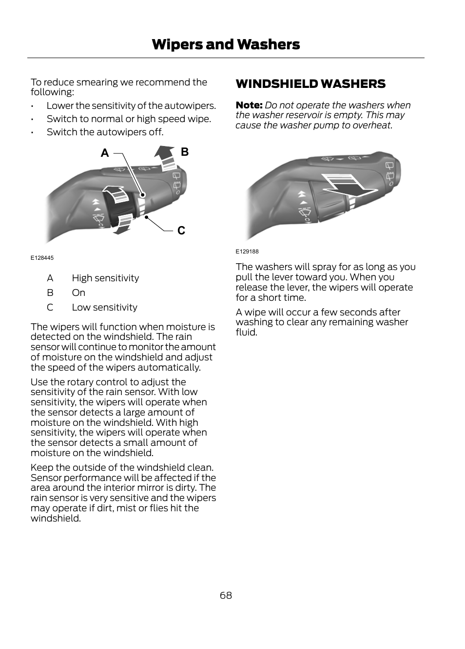 Windshield washers, Wipers and washers, Ca b | FORD 2013 Escape v.1 User Manual | Page 68 / 423