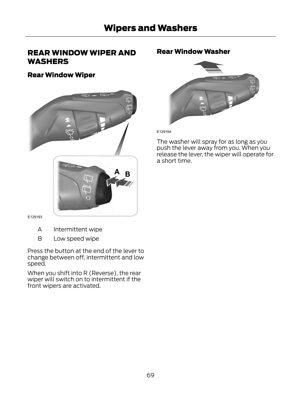 Rear window wiper and washers, Wipers and washers | FORD 2013 Escape v.1 User Manual | Page 69 / 423