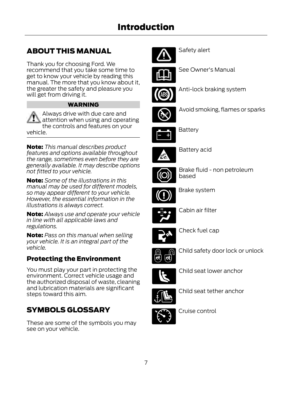 Introduction, About this manual symbols glossary, About this manual | Symbols glossary | FORD 2013 Escape v.1 User Manual | Page 7 / 423