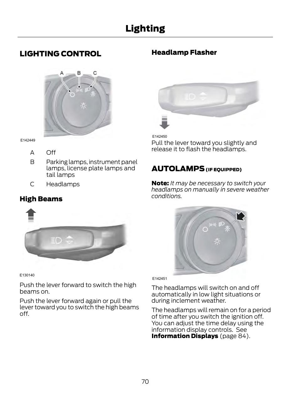 Lighting, Lighting control autolamps, Lighting control | Autolamps | FORD 2013 Escape v.1 User Manual | Page 70 / 423