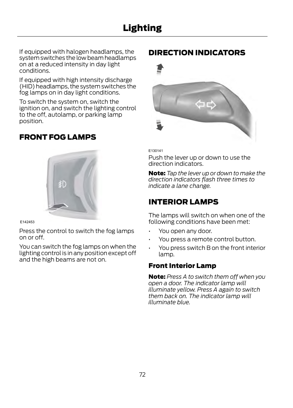 Lighting, Front fog lamps, Direction indicators | Interior lamps | FORD 2013 Escape v.1 User Manual | Page 72 / 423