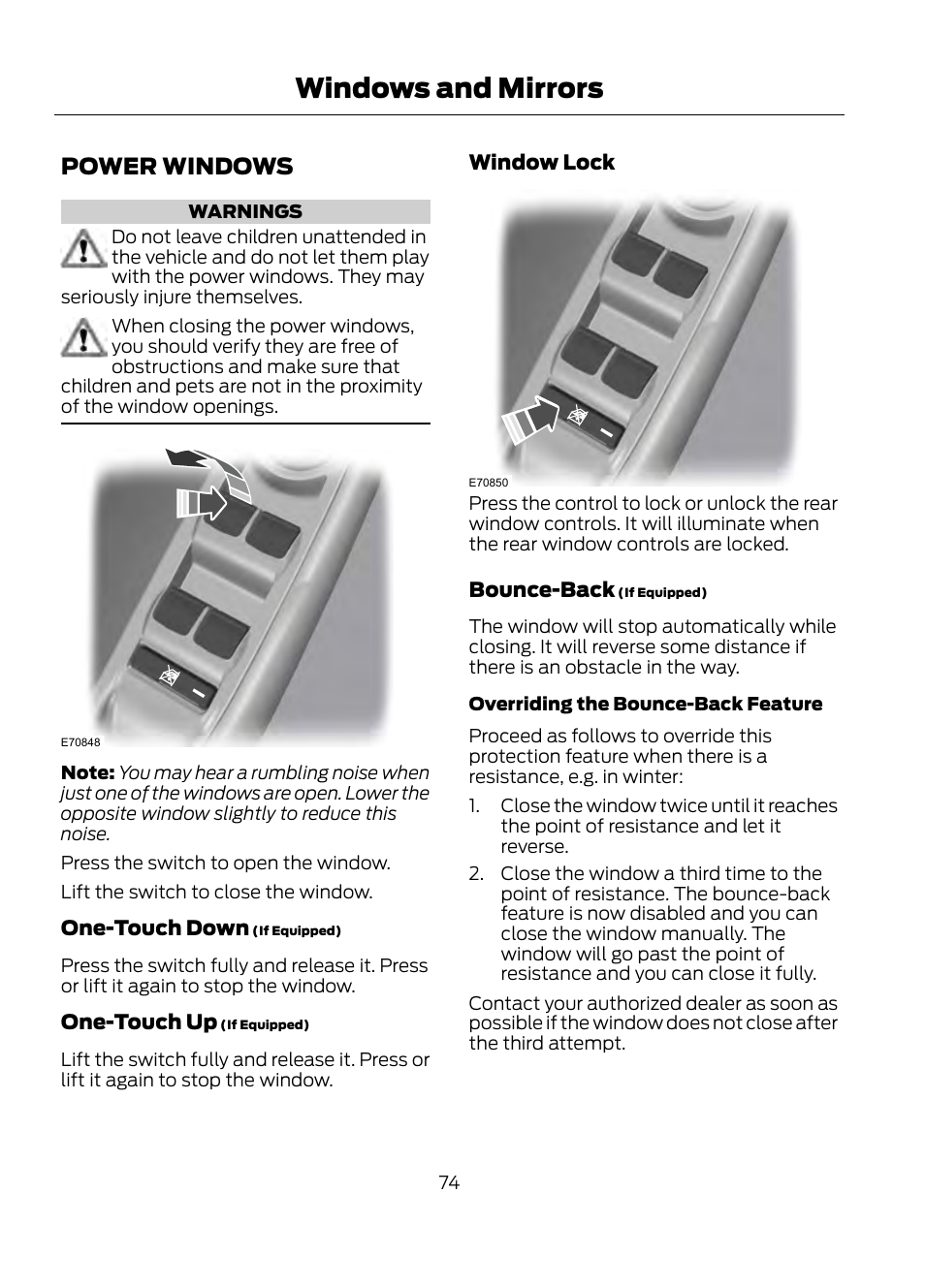 Windows and mirrors, Power windows | FORD 2013 Escape v.1 User Manual | Page 74 / 423