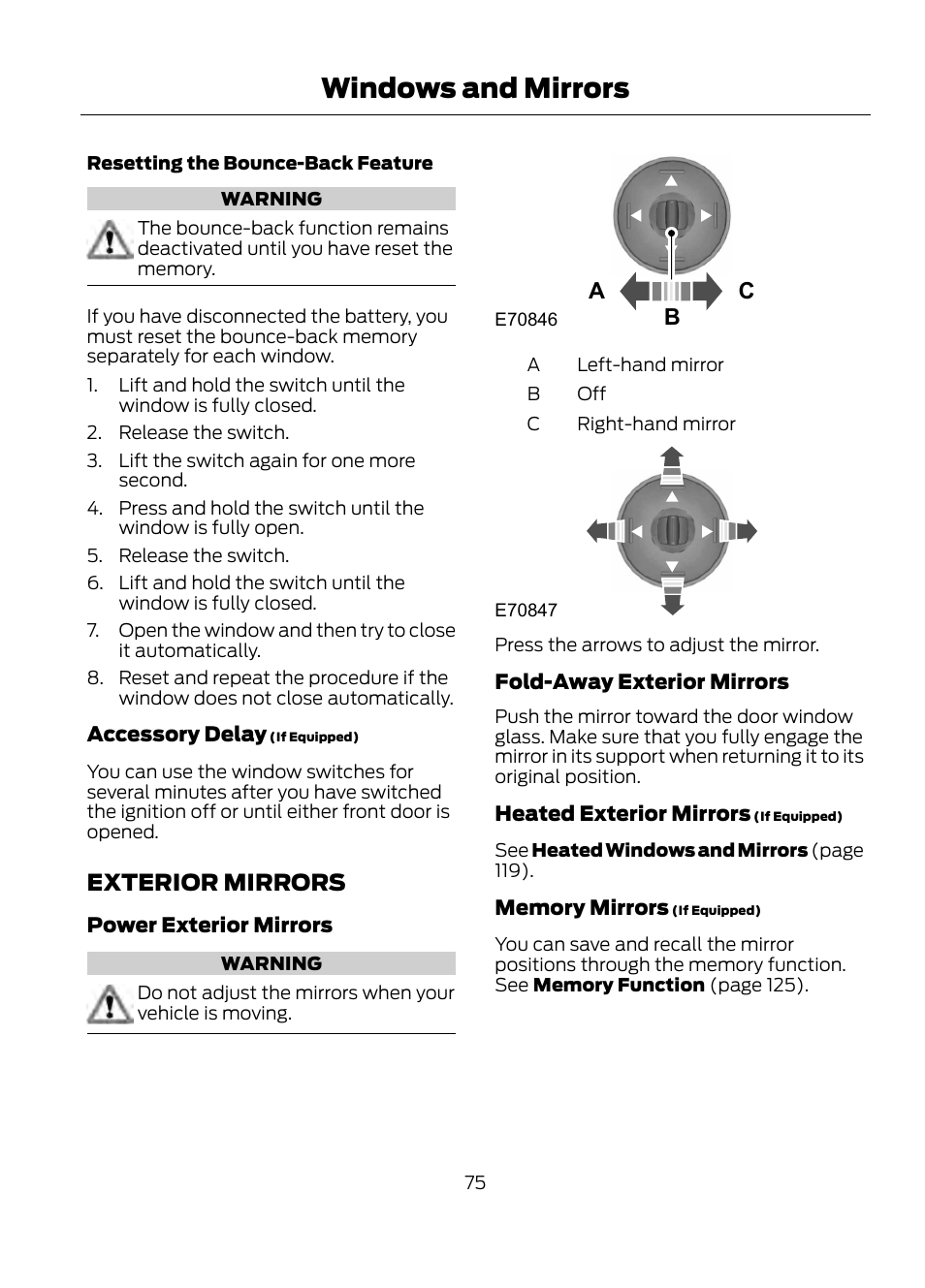 Exterior mirrors, Windows and mirrors, Ac b | FORD 2013 Escape v.1 User Manual | Page 75 / 423