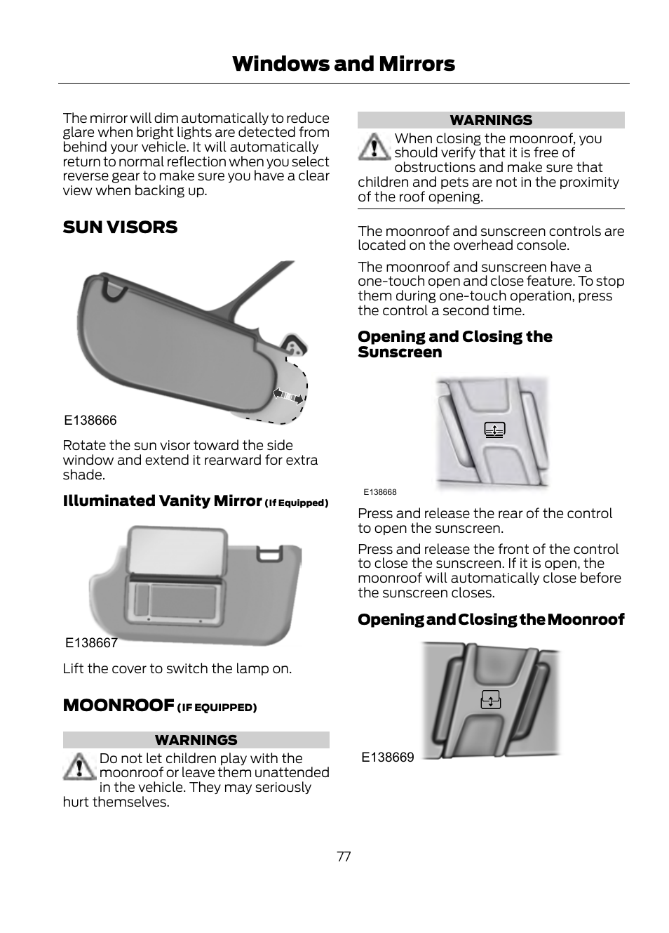 Sun visors moonroof, Windows and mirrors, Sun visors | Moonroof | FORD 2013 Escape v.1 User Manual | Page 77 / 423