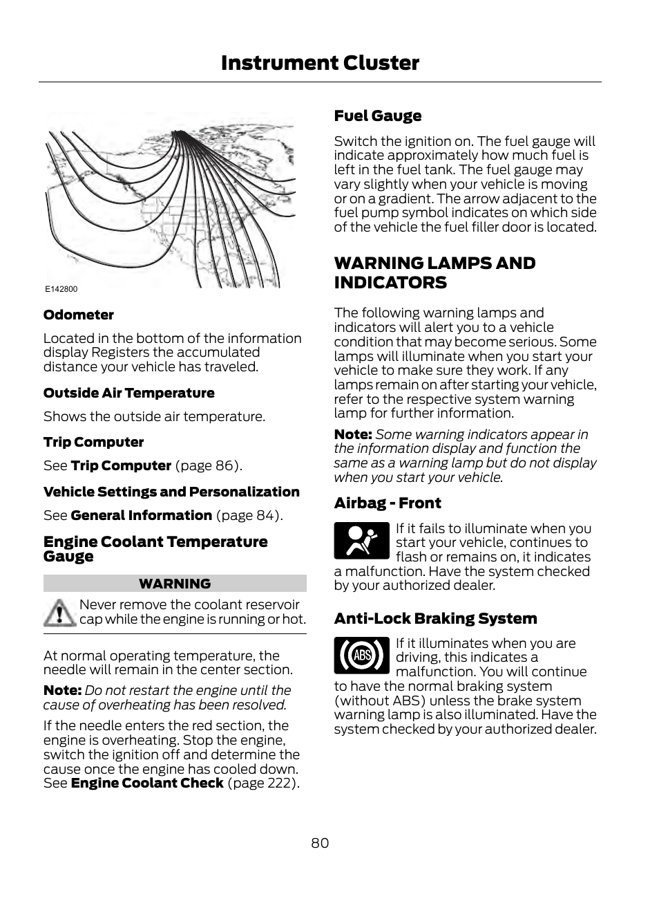 Warning lamps and indicators, Instrument cluster | FORD 2013 Escape v.1 User Manual | Page 80 / 423