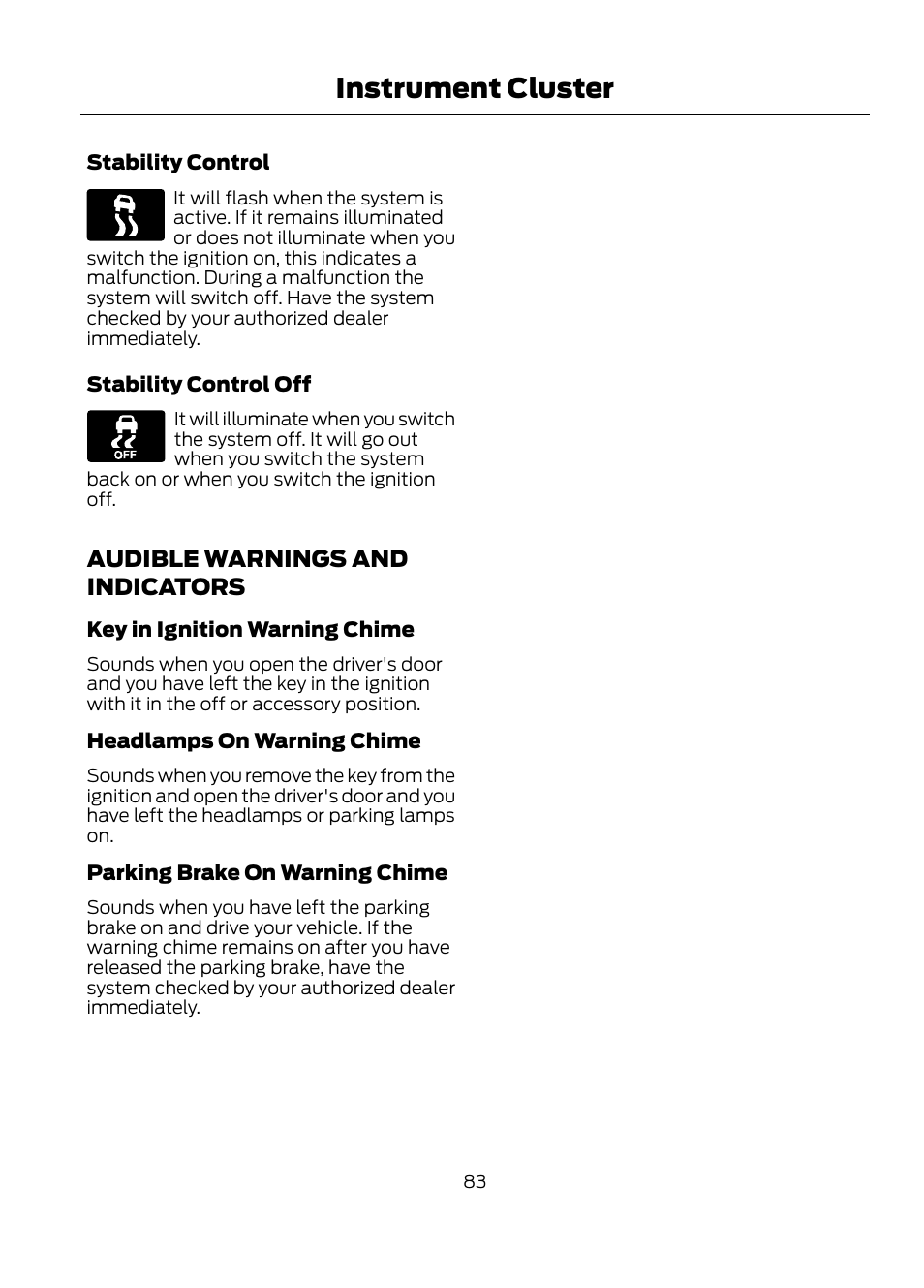 Audible warnings and indicators, Instrument cluster | FORD 2013 Escape v.1 User Manual | Page 83 / 423