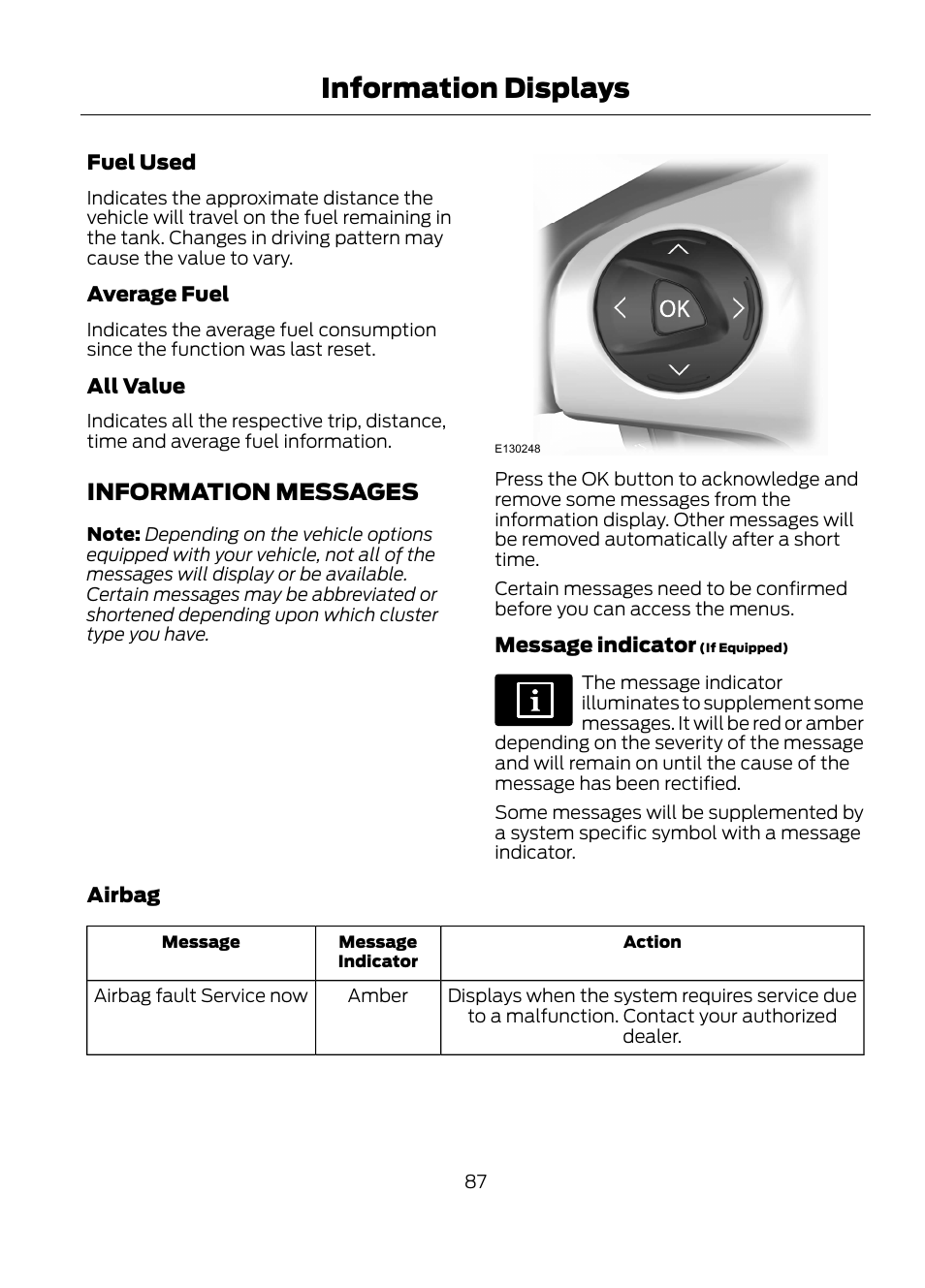 Information messages, Information displays | FORD 2013 Escape v.1 User Manual | Page 87 / 423