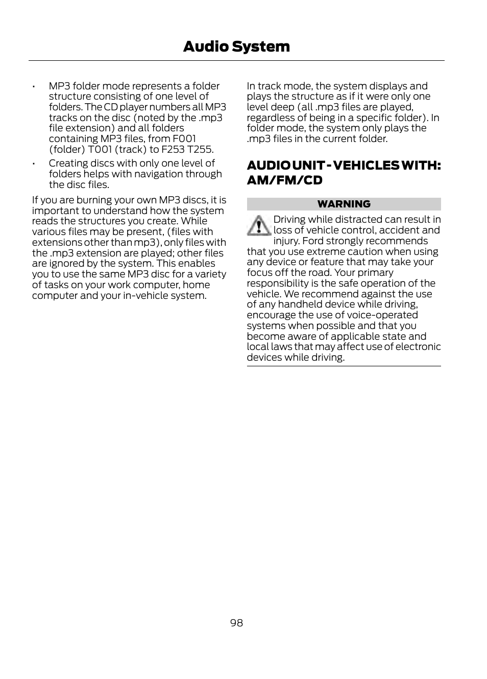 Audio unit - vehicles with, Am/fm/cd, Audio system | Audio unit - vehicles with: am/fm/cd | FORD 2013 Escape v.1 User Manual | Page 98 / 423