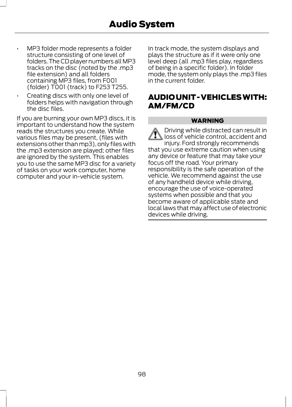 Audio unit, Audio unit - vehicles with, Am/fm/cd | Audio system, Audio unit - vehicles with: am/fm/cd | FORD 2013 Escape v.2 User Manual | Page 101 / 432