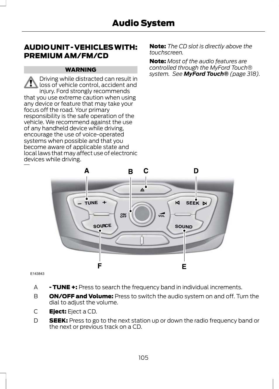 Audio unit, Audio unit - vehicles with: premium, Am/fm/cd | Audio system, Audio unit - vehicles with: premium am/fm/cd | FORD 2013 Escape v.2 User Manual | Page 108 / 432