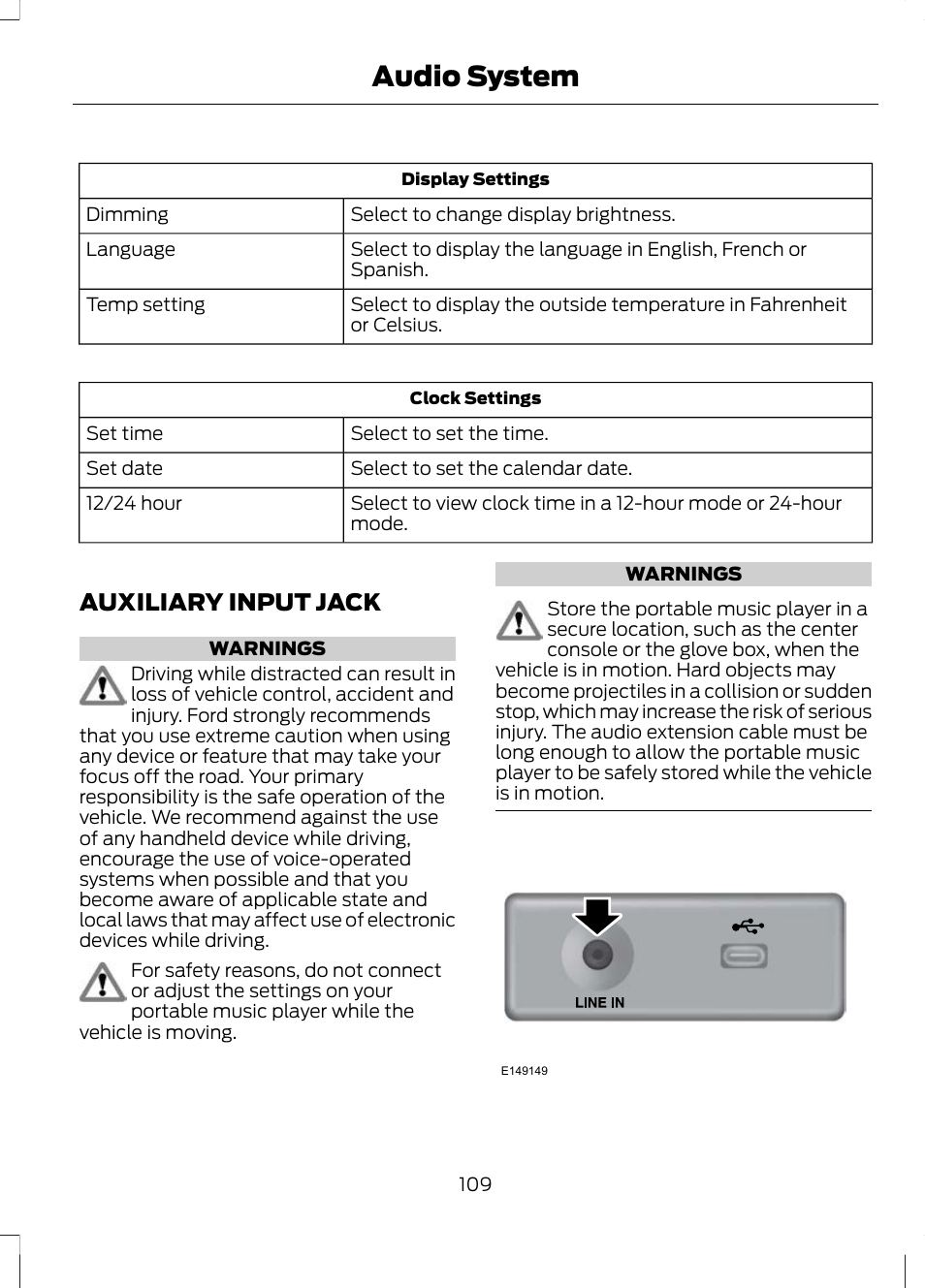 Auxiliary input jack, Audio system | FORD 2013 Escape v.2 User Manual | Page 112 / 432