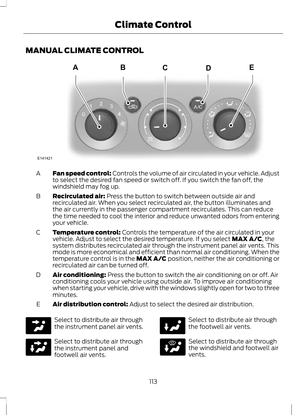 Climate control, Manual climate control, Ab d e c | FORD 2013 Escape v.2 User Manual | Page 116 / 432