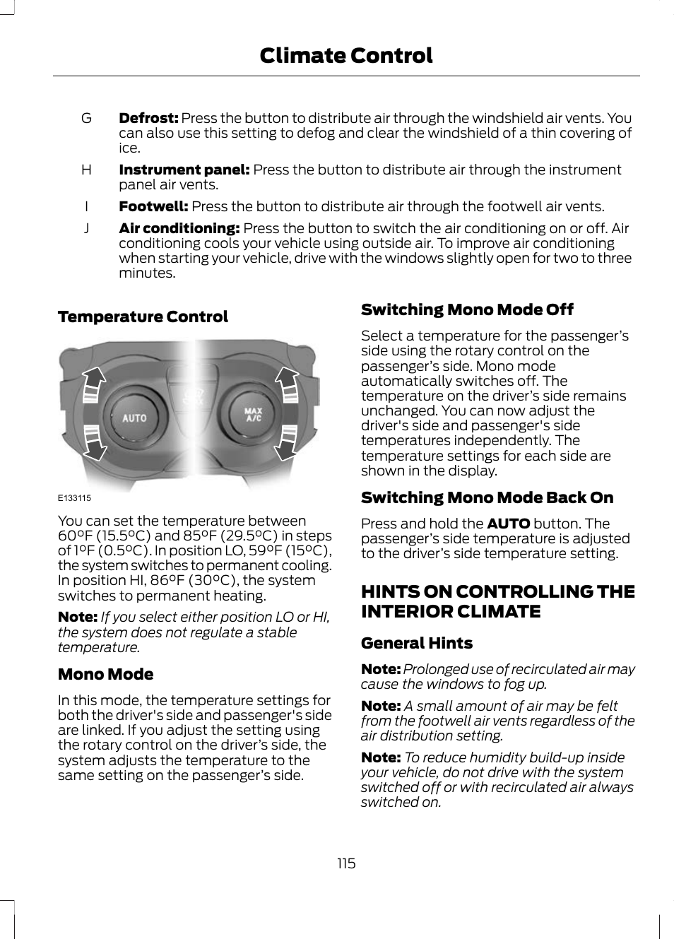 Hints on controlling the interior climate, Hints on controlling the interior, Climate | Climate control | FORD 2013 Escape v.2 User Manual | Page 118 / 432