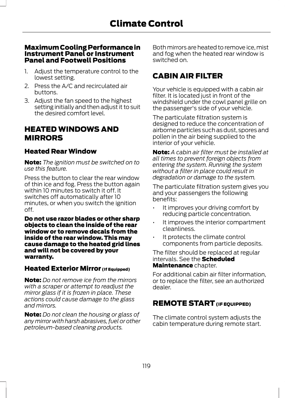 Heated windows and mirrors, Cabin air filter, Remote start | Climate control | FORD 2013 Escape v.2 User Manual | Page 122 / 432