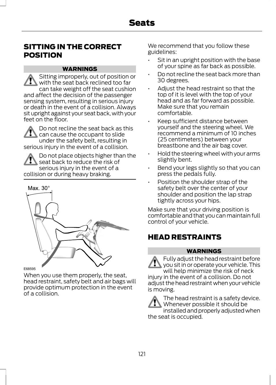 Seats, Sitting in the correct position, Head restraints | Sitting in the correct position head restraints | FORD 2013 Escape v.2 User Manual | Page 124 / 432