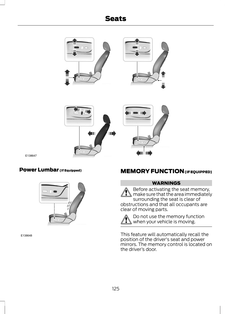 Memory function, Seats | FORD 2013 Escape v.2 User Manual | Page 128 / 432