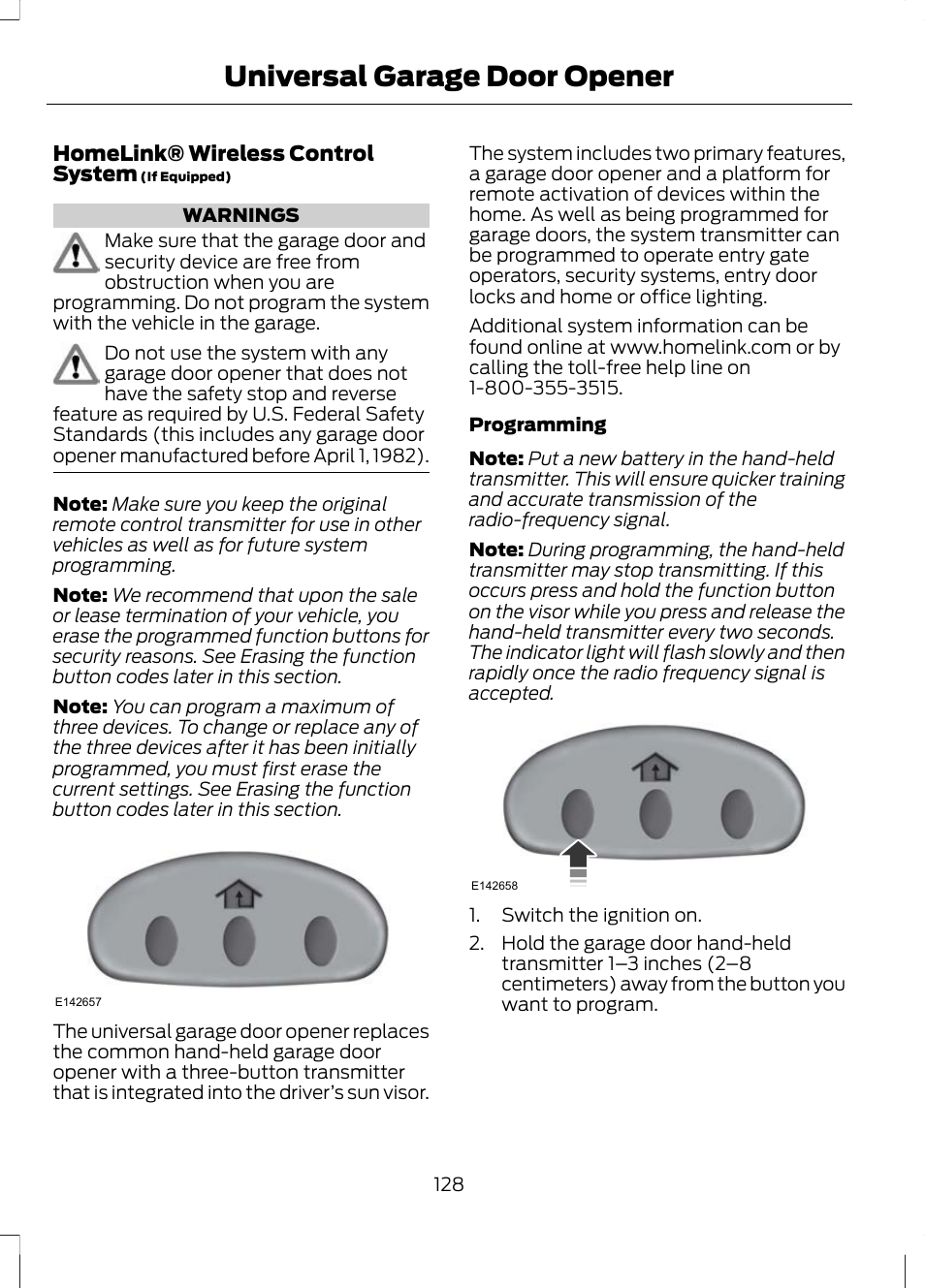 Universal garage door opener, Universal garage door, Opener | FORD 2013 Escape v.2 User Manual | Page 131 / 432