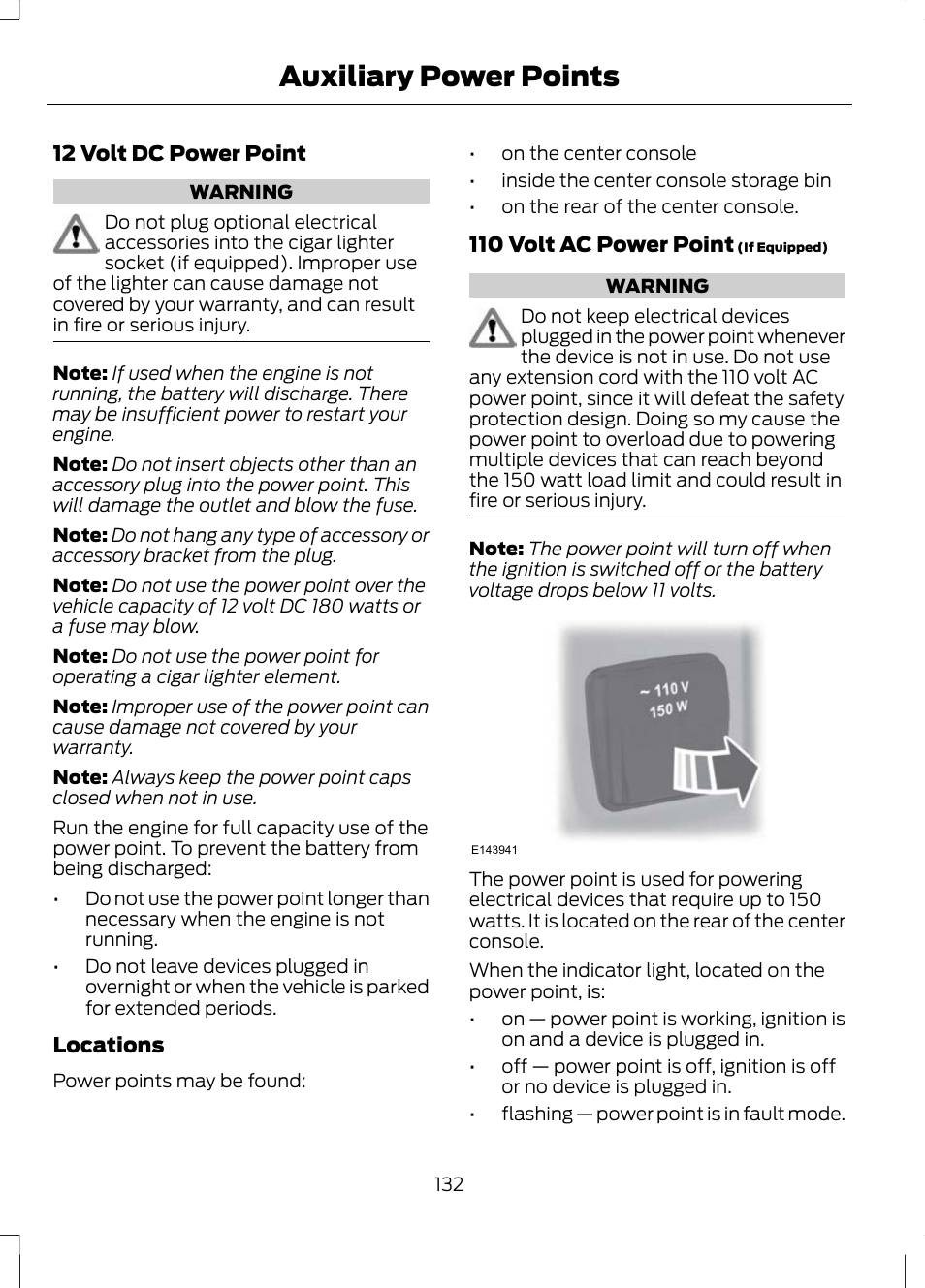 Auxiliary power points | FORD 2013 Escape v.2 User Manual | Page 135 / 432