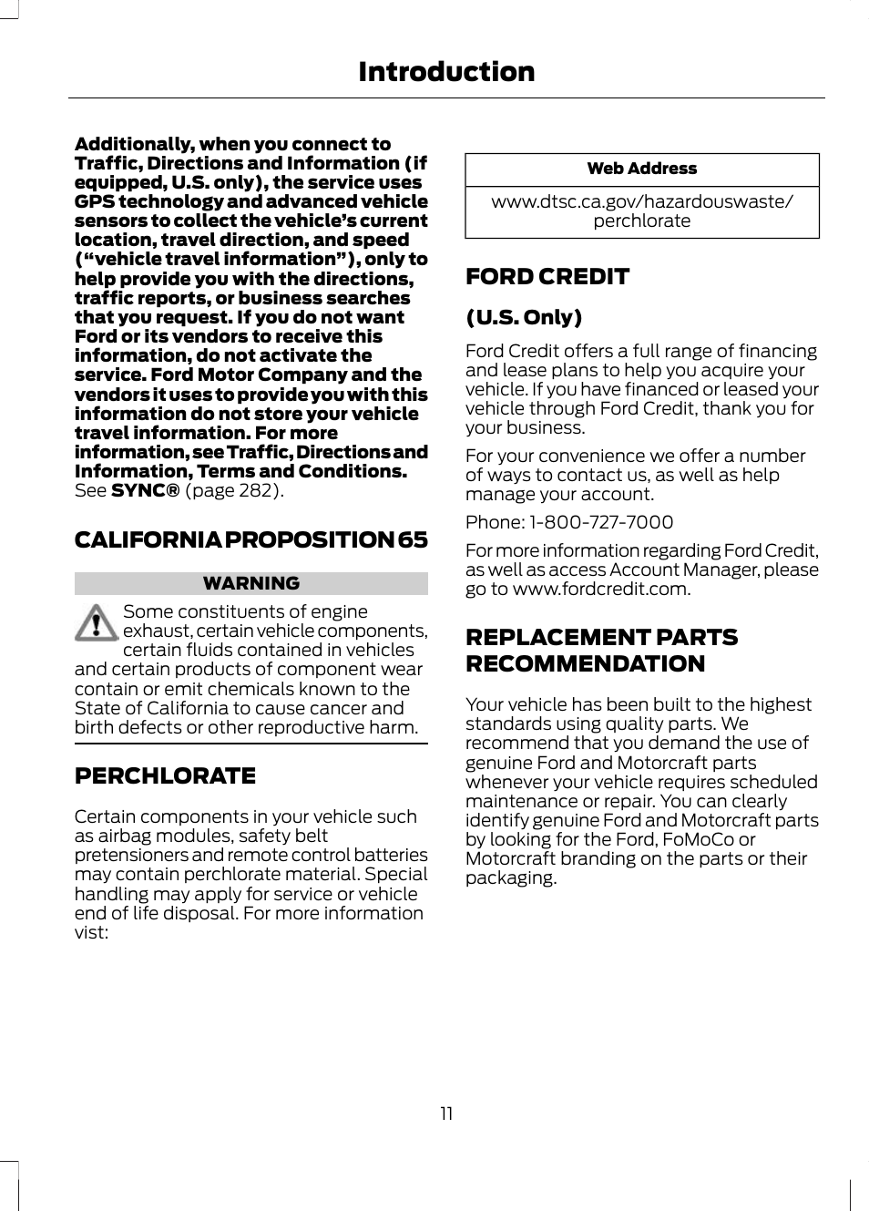 California proposition 65, Perchlorate, Ford credit | Replacement parts recommendation, Recommendation, Introduction | FORD 2013 Escape v.2 User Manual | Page 14 / 432