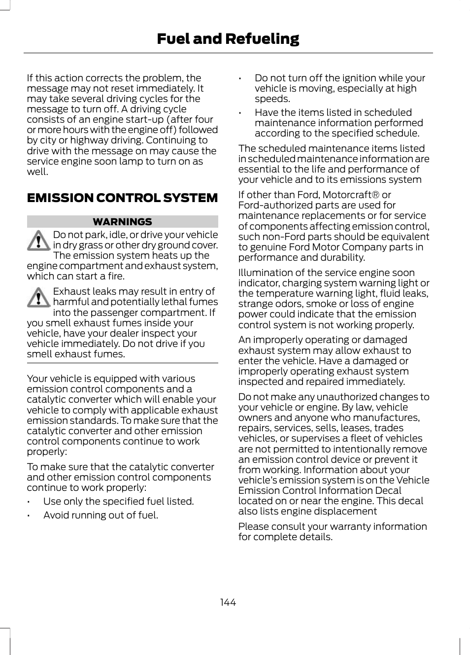 Emission control system, Fuel and refueling | FORD 2013 Escape v.2 User Manual | Page 147 / 432