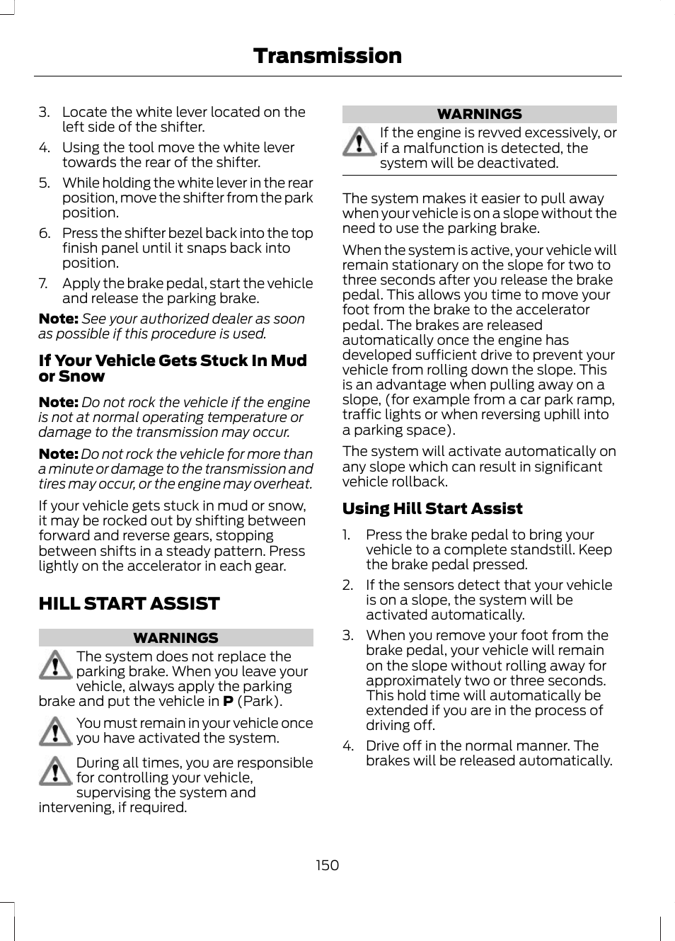 Hill start assist, See hill start, Transmission | FORD 2013 Escape v.2 User Manual | Page 153 / 432