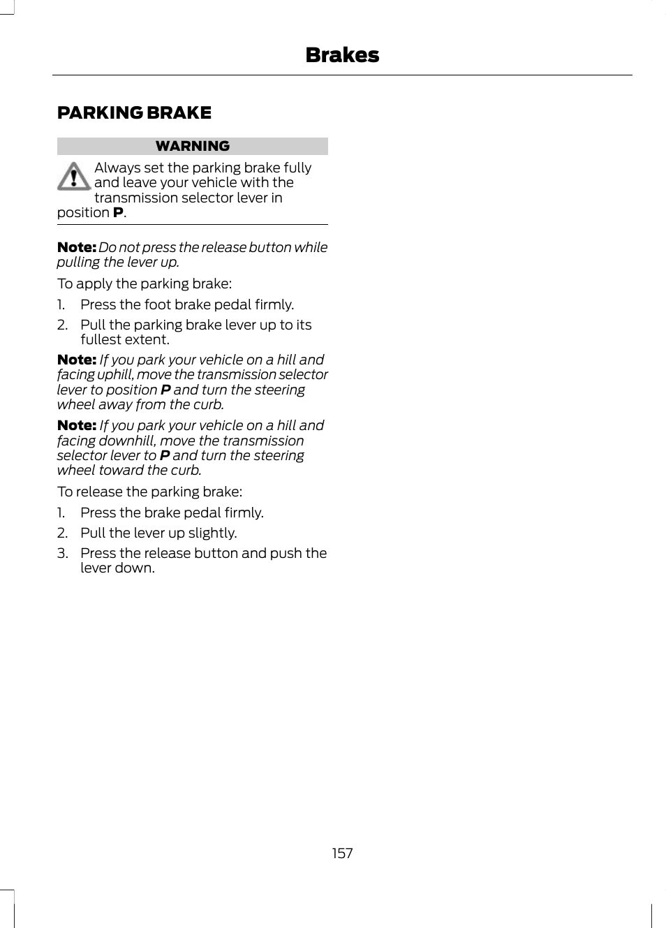 Parking brake, Brakes | FORD 2013 Escape v.2 User Manual | Page 160 / 432