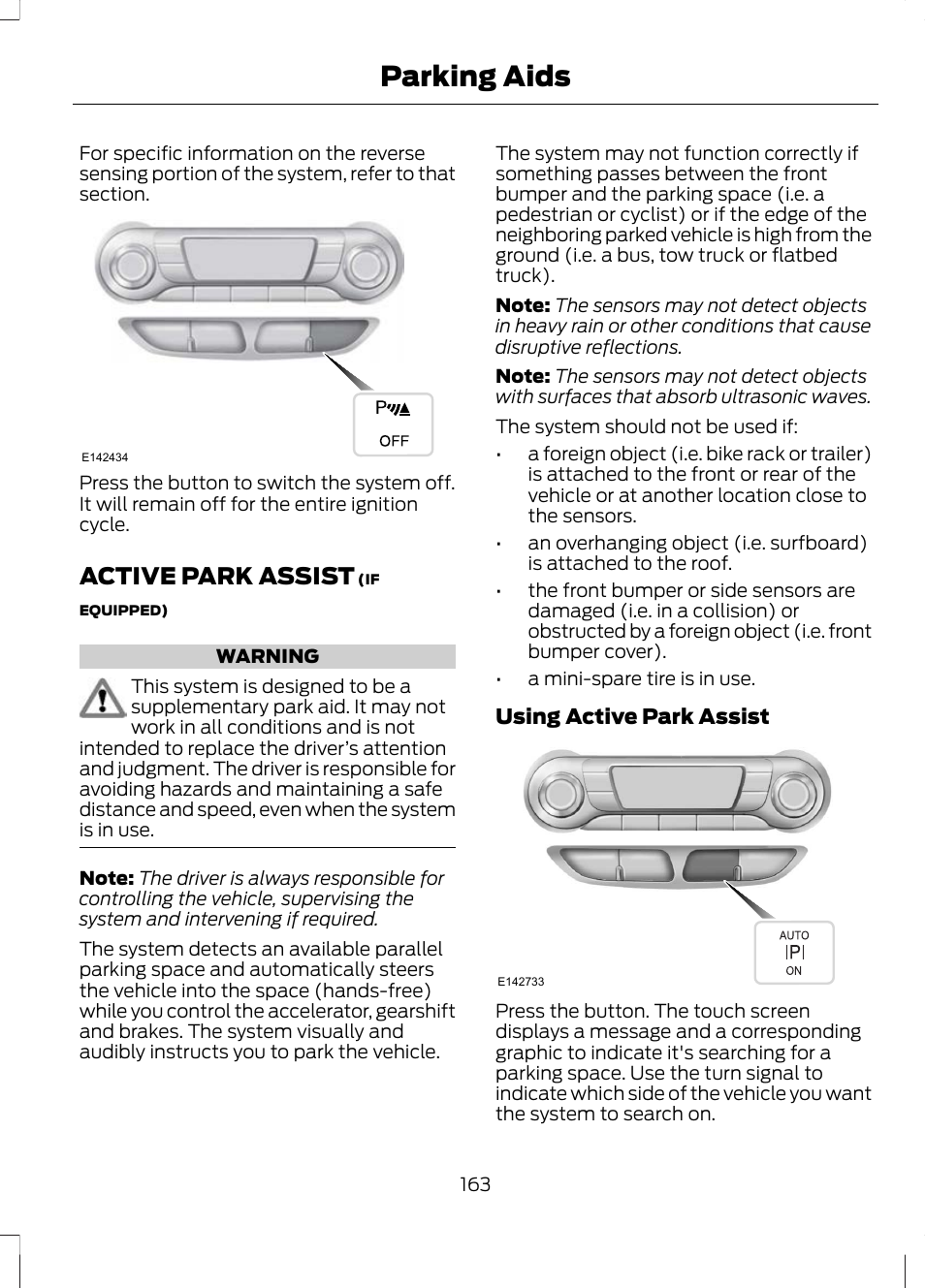 Active park assist, Parking aids | FORD 2013 Escape v.2 User Manual | Page 166 / 432