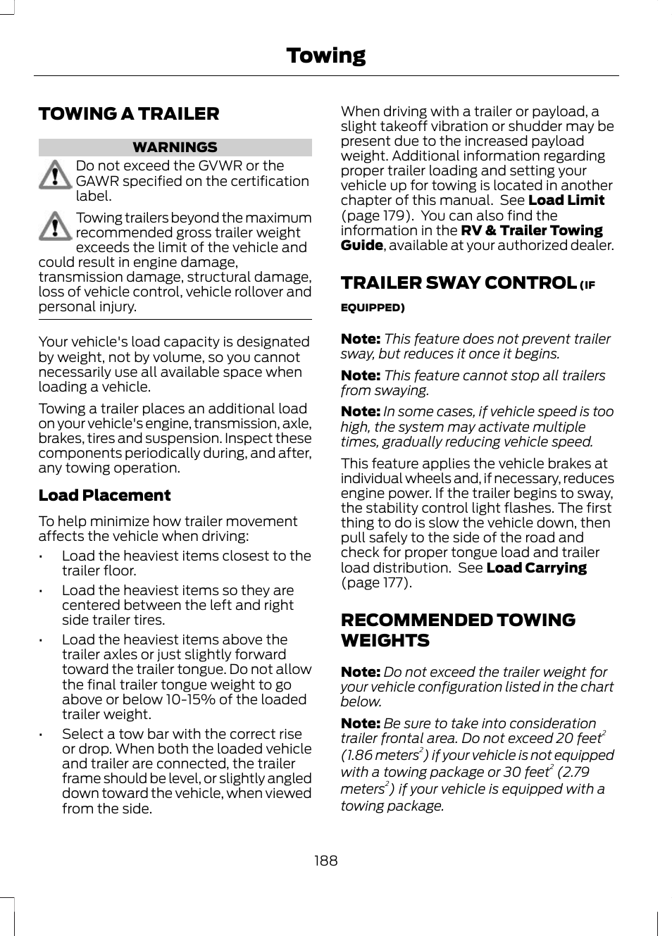 Towing, Towing a trailer, Trailer sway control | Recommended towing weights | FORD 2013 Escape v.2 User Manual | Page 191 / 432