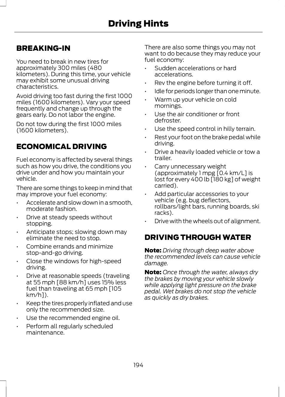 Driving hints, Breaking-in, Economical driving | Driving through water | FORD 2013 Escape v.2 User Manual | Page 197 / 432