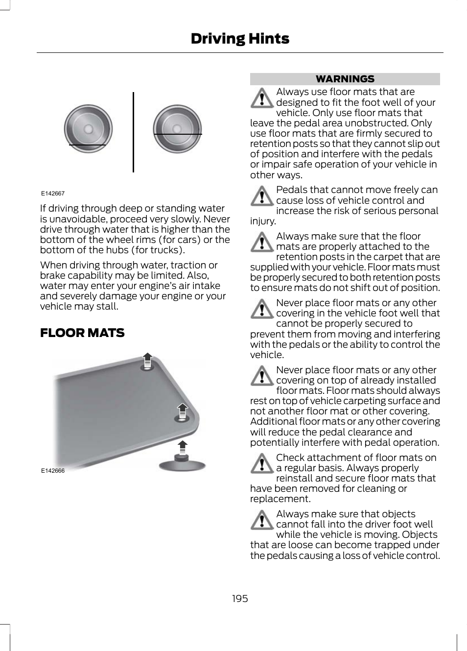 Floor mats, Driving hints | FORD 2013 Escape v.2 User Manual | Page 198 / 432