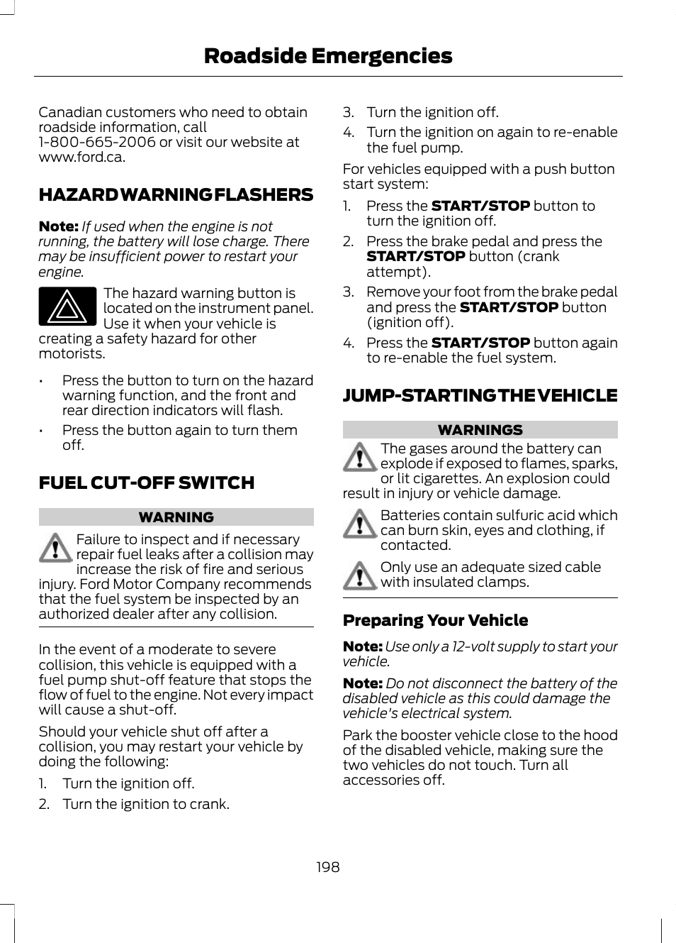 Hazard warning flashers, Fuel cut-off switch, Jump-starting the vehicle | Hazard warning flashers fuel cut-off switch, Roadside emergencies | FORD 2013 Escape v.2 User Manual | Page 201 / 432