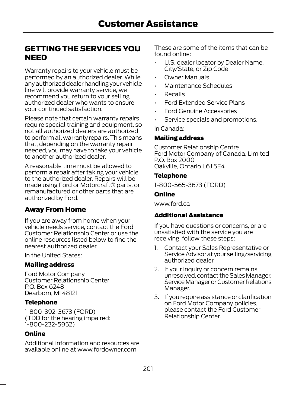 Customer assistance, Getting the services you need | FORD 2013 Escape v.2 User Manual | Page 204 / 432