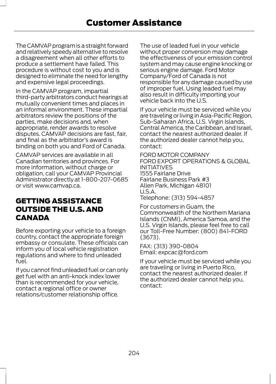 Getting assistance outside the u.s. and canada, Getting assistance outside the u.s. and, Canada | Customer assistance | FORD 2013 Escape v.2 User Manual | Page 207 / 432
