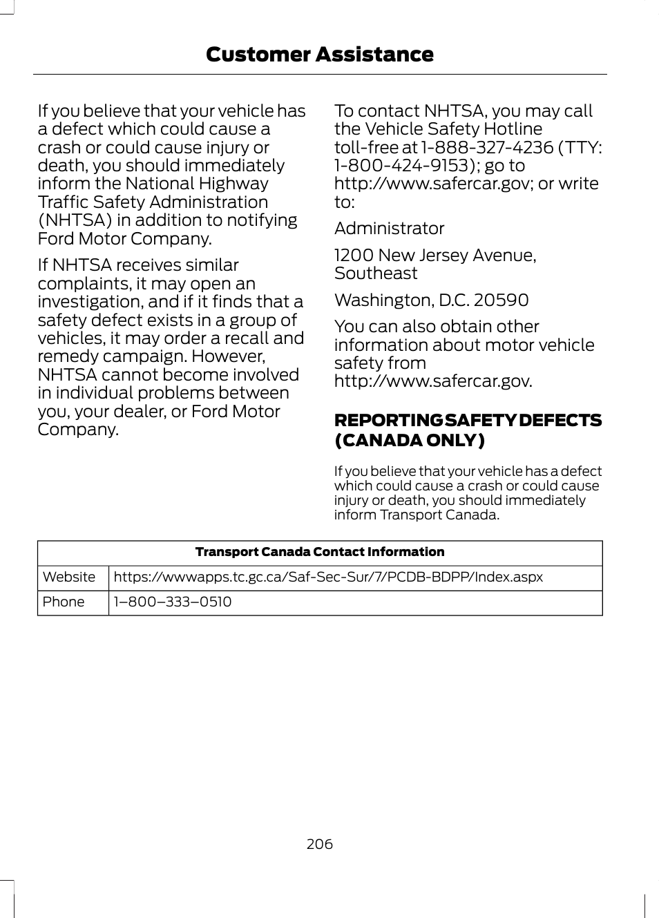 Reporting safety defects (canada only), Reporting safety defects (canada, Only) | Customer assistance | FORD 2013 Escape v.2 User Manual | Page 209 / 432