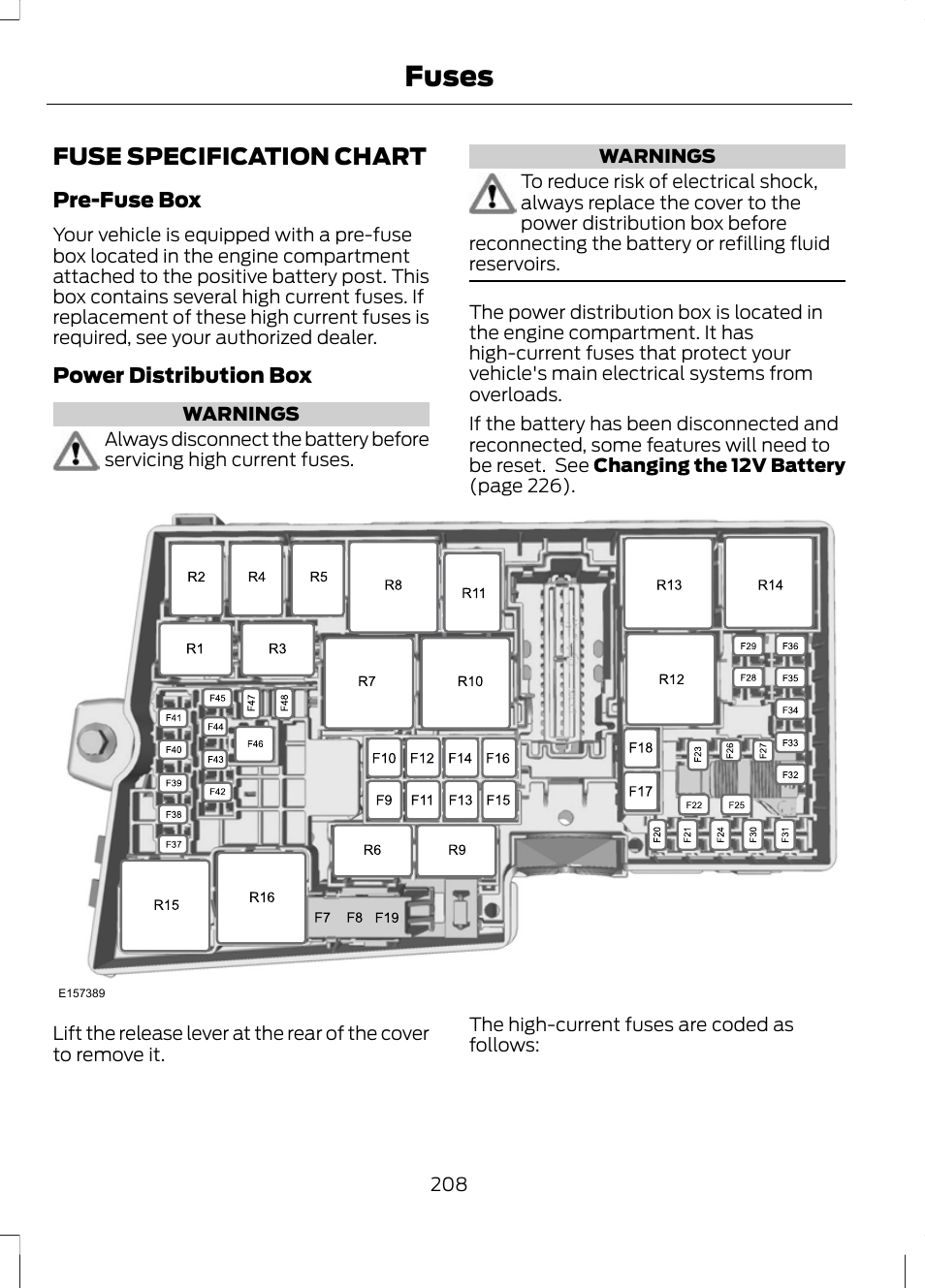 Fuse specification chart, Fuses | FORD 2013 Escape v.2 User Manual | Page 211 / 432