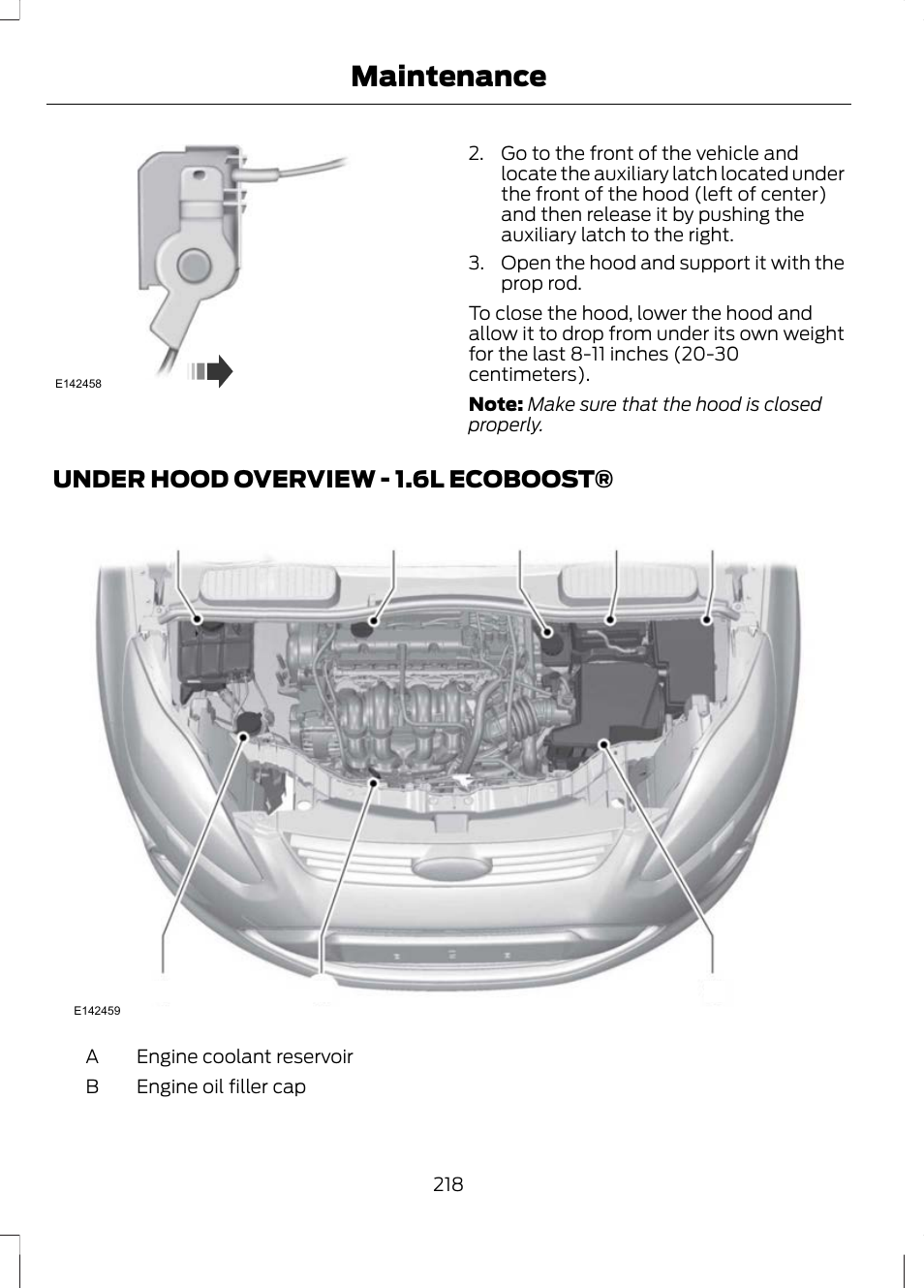 Under hood overview, Under hood overview - 1.6l, Ecoboost | Maintenance, Under hood overview - 1.6l ecoboost | FORD 2013 Escape v.2 User Manual | Page 221 / 432