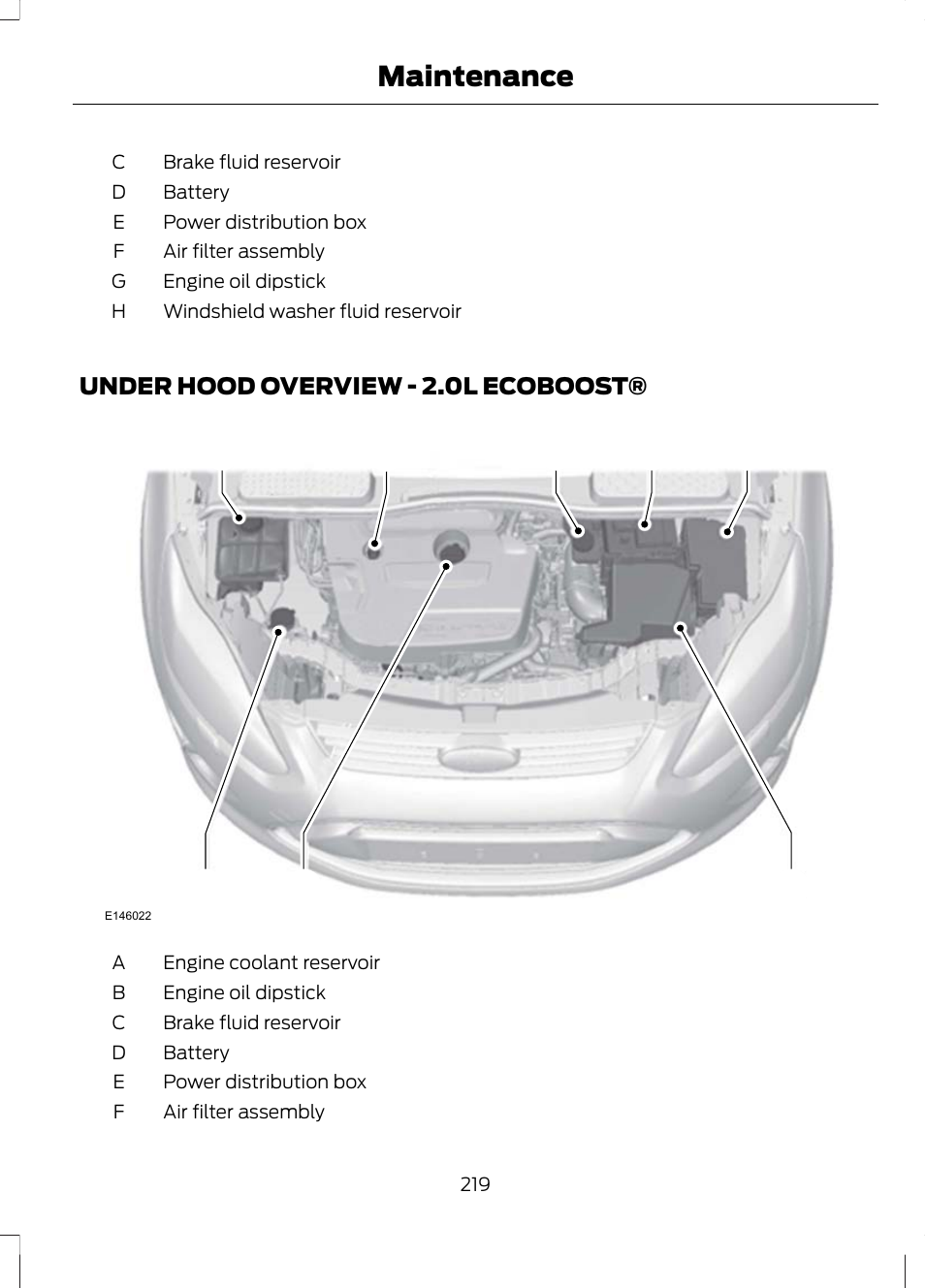 Under hood overview, Under hood overview - 2.0l, Ecoboost | Maintenance | FORD 2013 Escape v.2 User Manual | Page 222 / 432