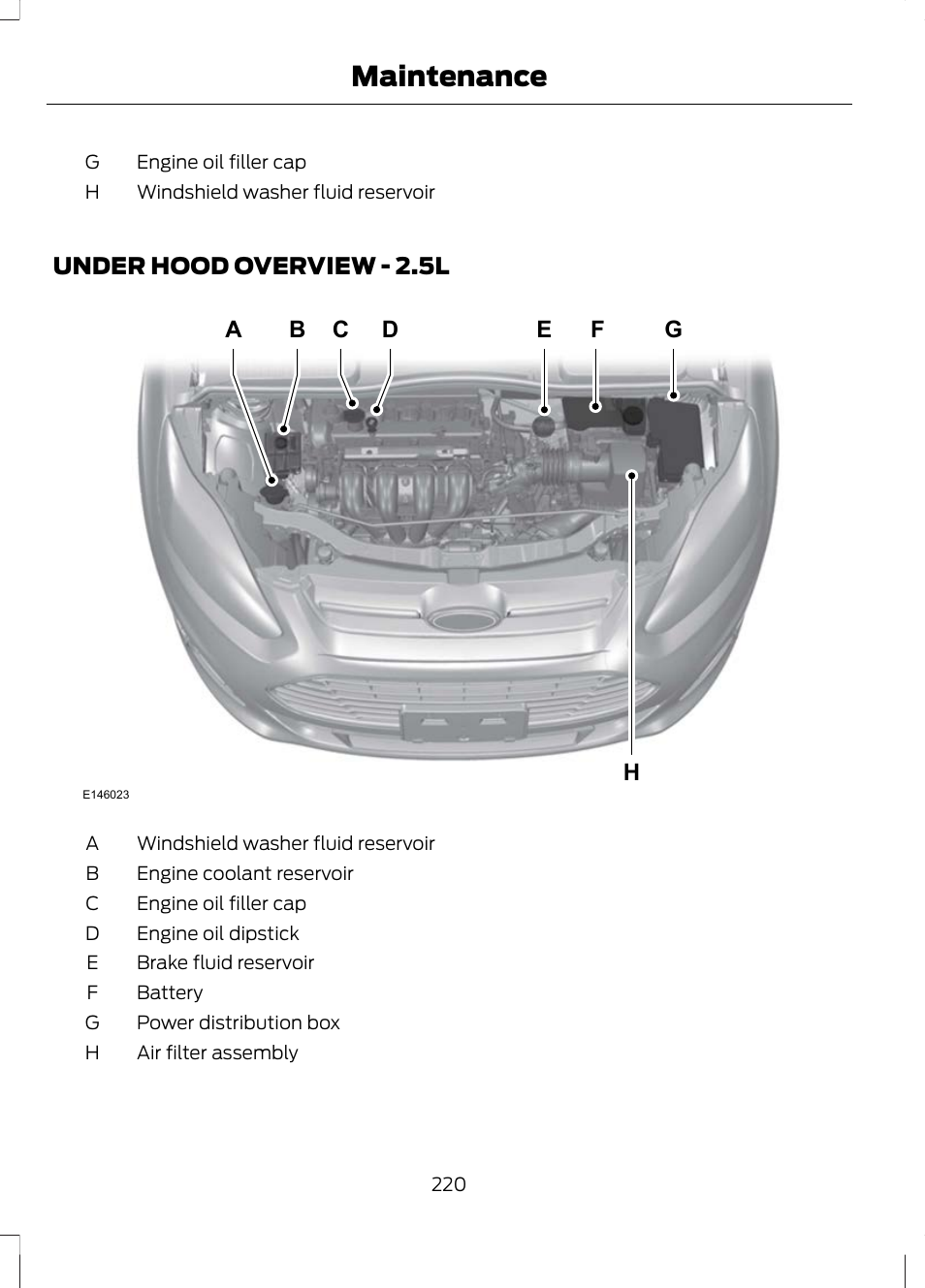 Under hood overview, Under hood overview - 2.5l, Maintenance | FORD 2013 Escape v.2 User Manual | Page 223 / 432