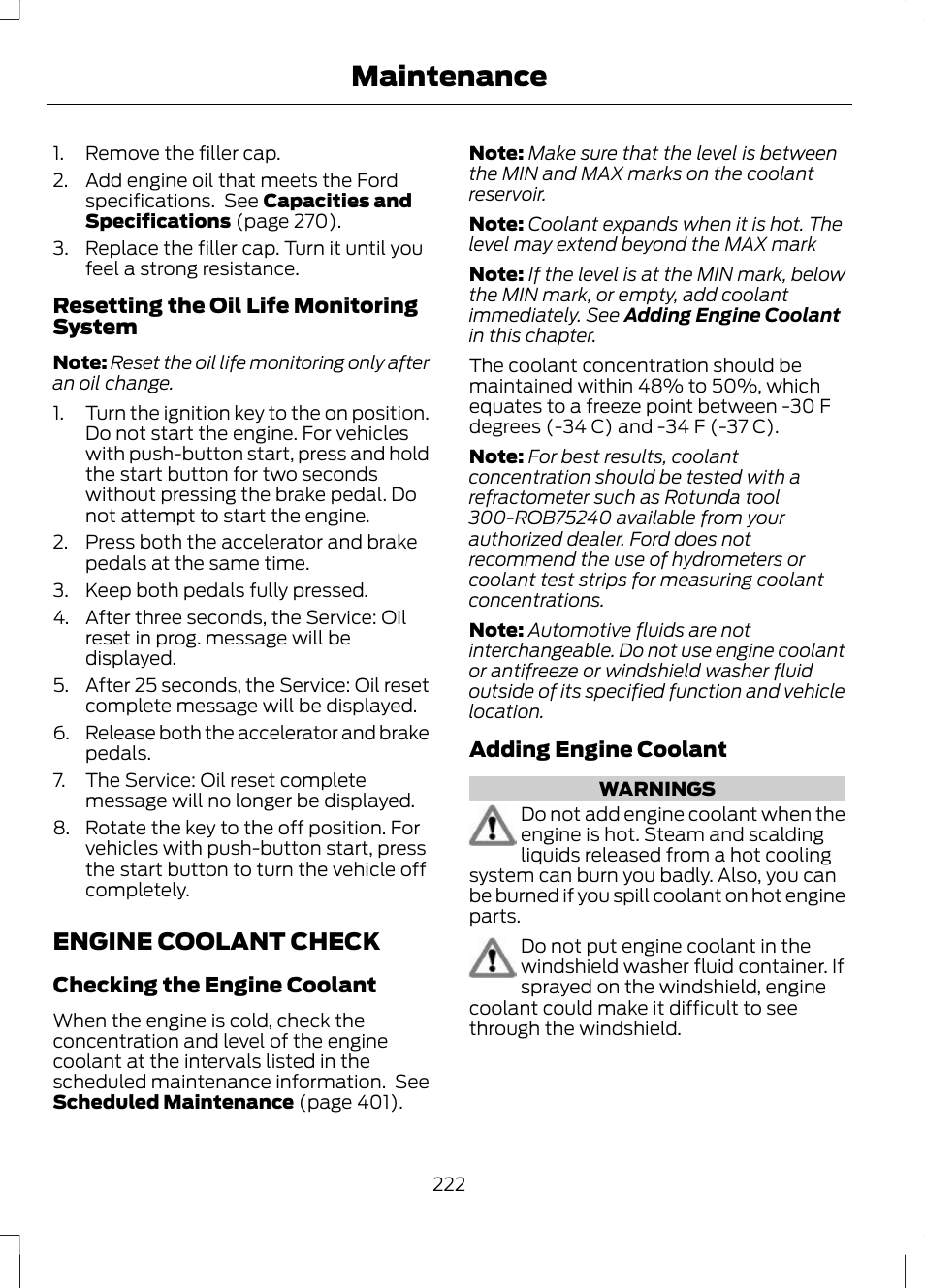 Engine coolant check, See engine, Maintenance | FORD 2013 Escape v.2 User Manual | Page 225 / 432