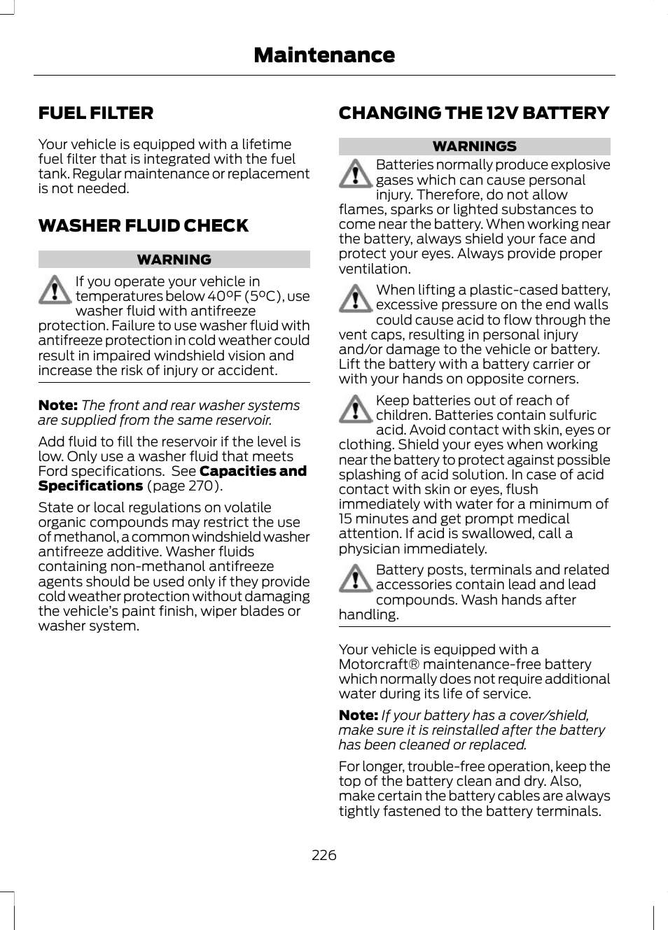 Fuel filter, Washer fluid check, Changing the 12v battery | Fuel filter washer fluid check, Maintenance | FORD 2013 Escape v.2 User Manual | Page 229 / 432