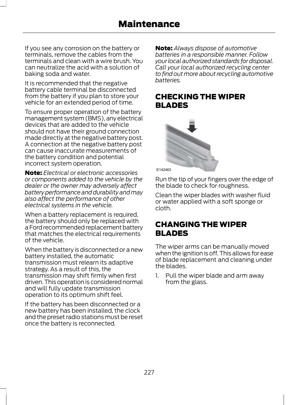 Checking the wiper blades, Changing the wiper blades, Maintenance | FORD 2013 Escape v.2 User Manual | Page 230 / 432