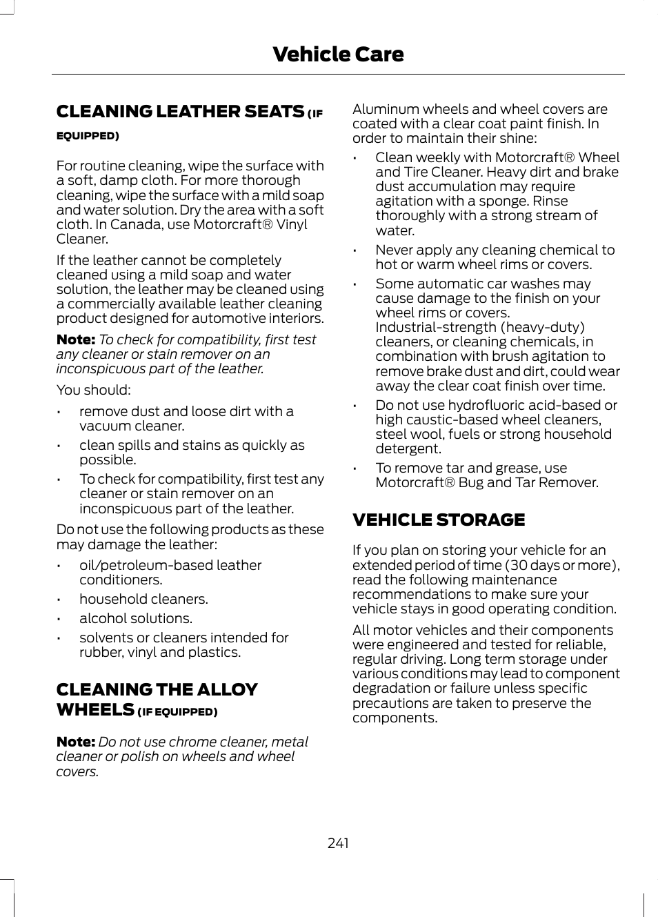 Cleaning leather seats, Cleaning the alloy wheels, Vehicle storage | Vehicle care | FORD 2013 Escape v.2 User Manual | Page 244 / 432