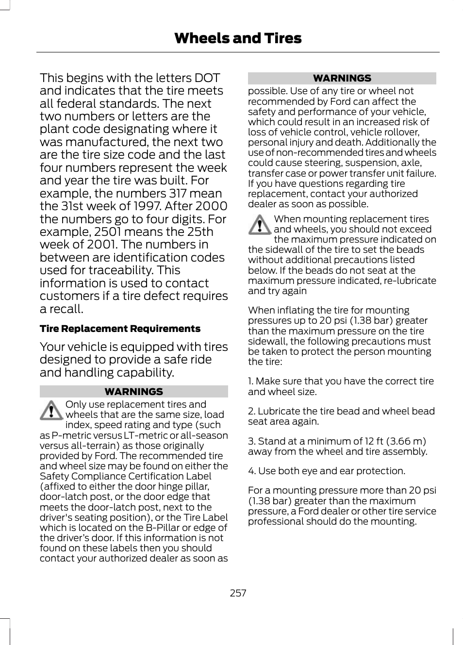 Wheels and tires | FORD 2013 Escape v.2 User Manual | Page 260 / 432